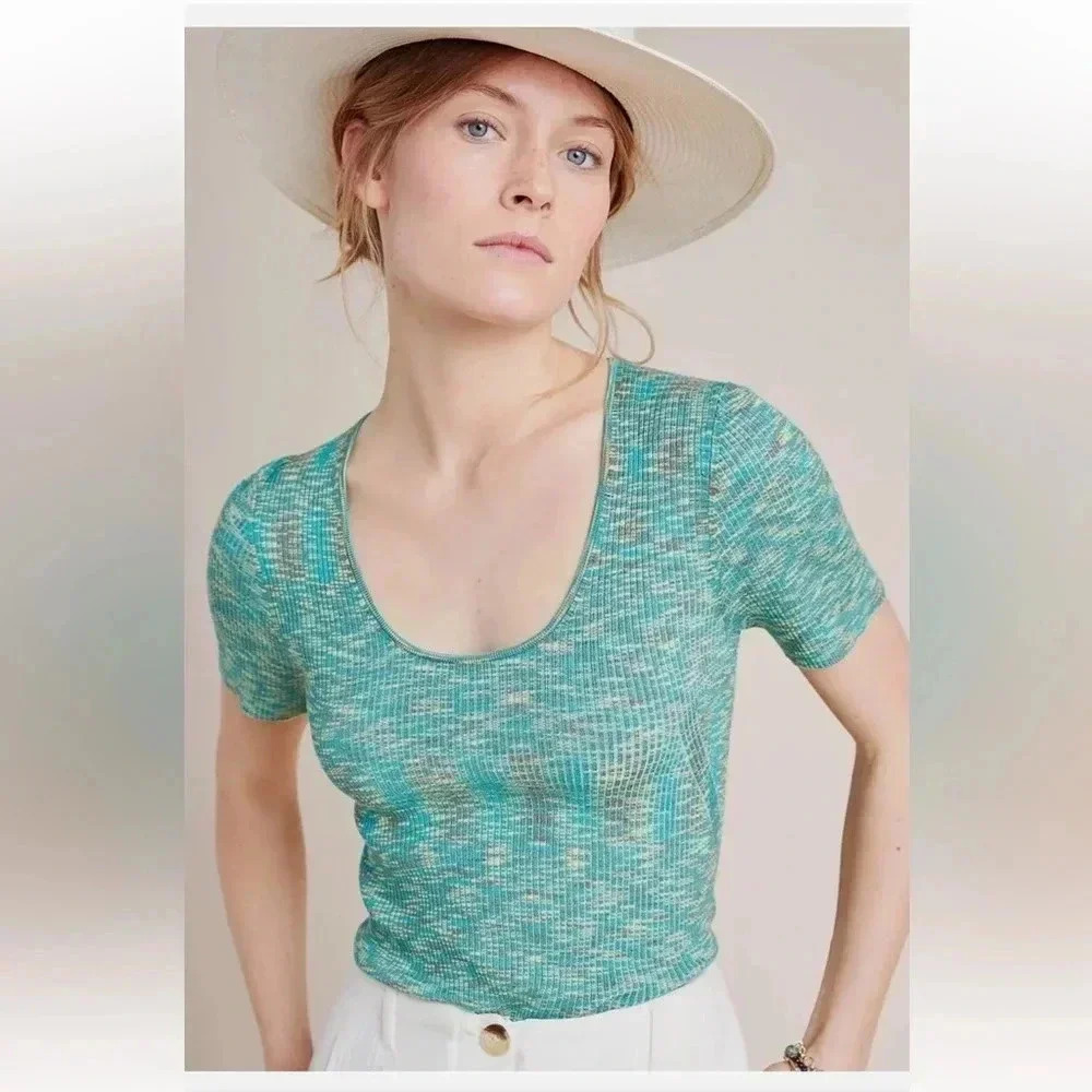 Anthropologie Zuzu Space-Dyed Sweater Tee‎ XS Green Ribbed Retro